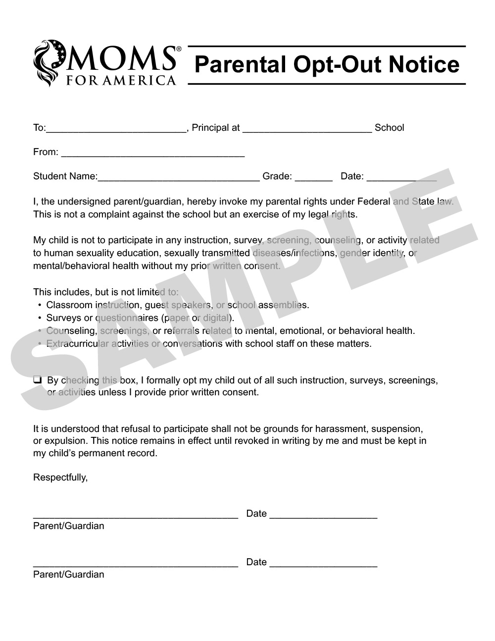 Moms for America Opt Out Form for your kids from mandatory mental health screening
